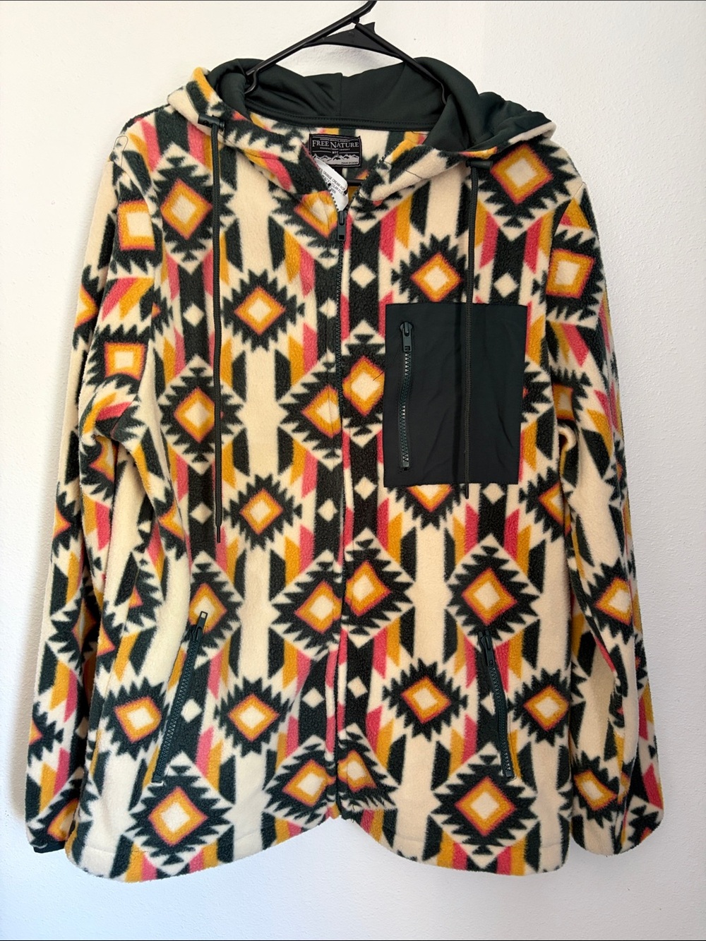Free Nature Cream & Black Geometric Fleece Hoodie Jacket